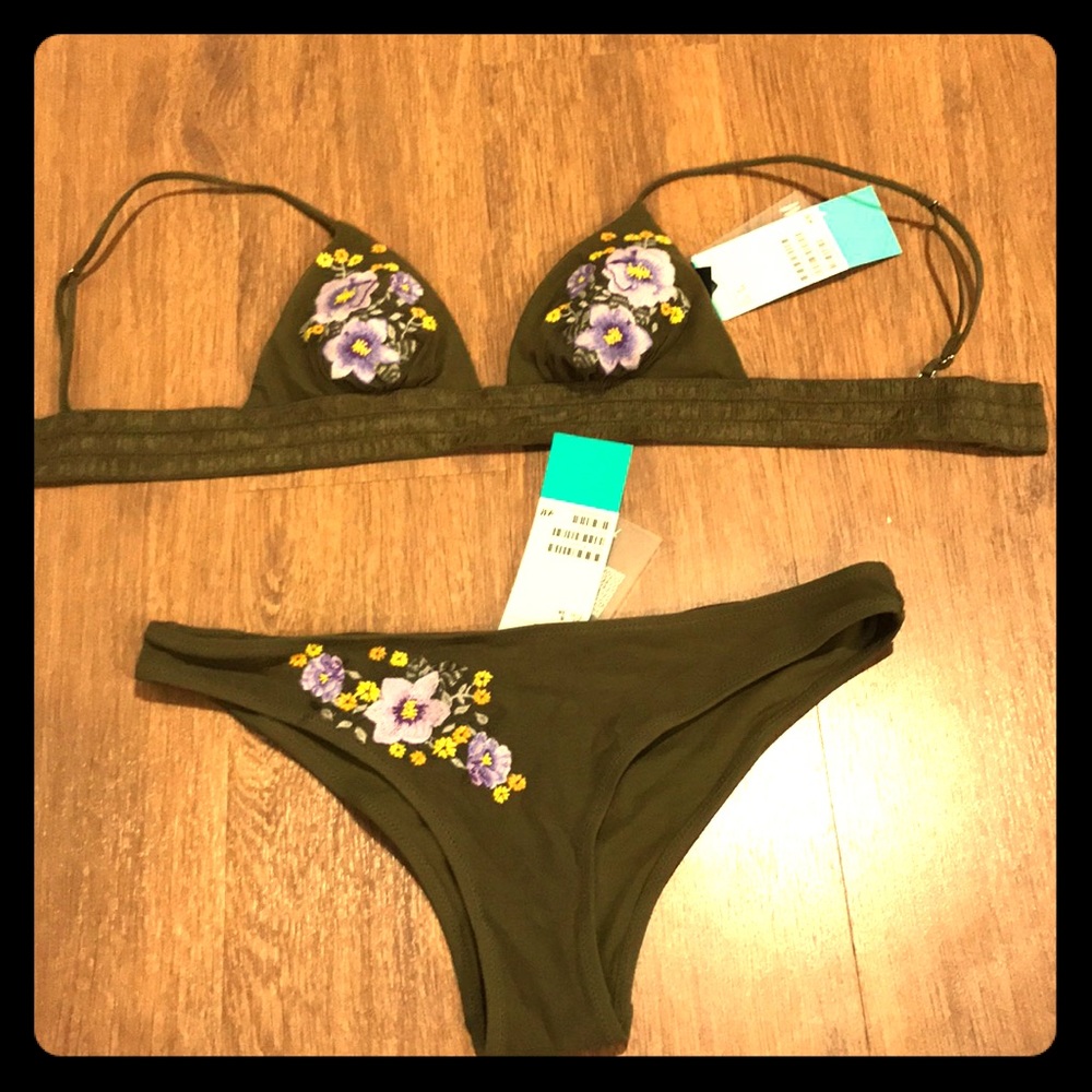 NEW- Army Green Bikini with Floral Pattern